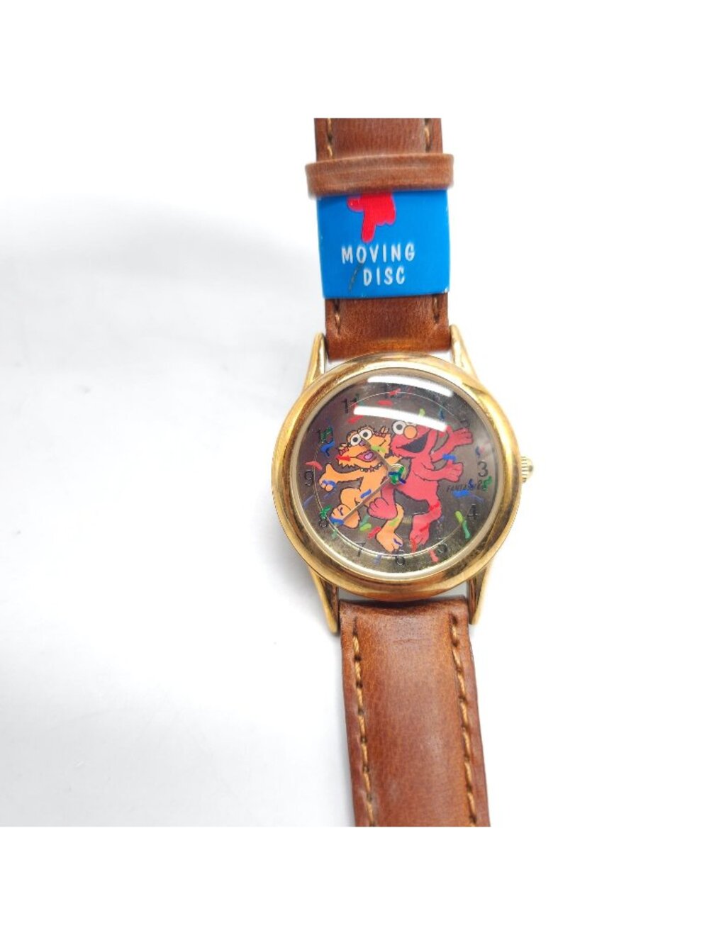 Sesame Street Elmo Zoe Moving Disc Watch With Brown Leather Strap Gold-Tone Case